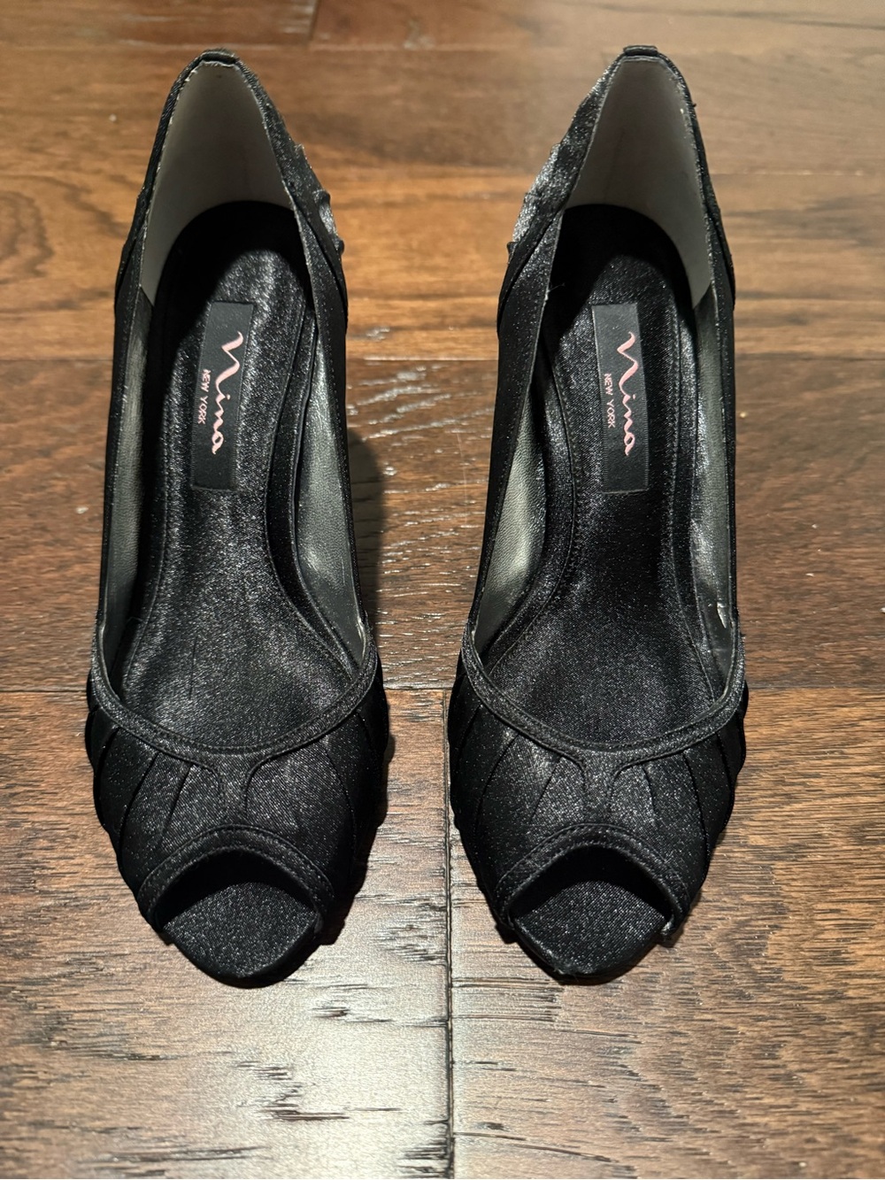 Nina Black Satin Peep-Toe Heels with Pleated Detail Size 6.5